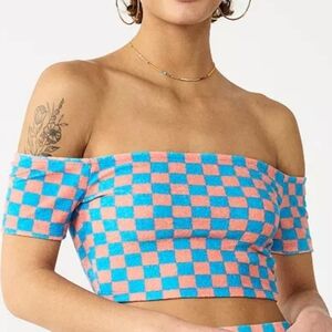 SO Off Shoulder Terry Blue Coral Check Top Size Large